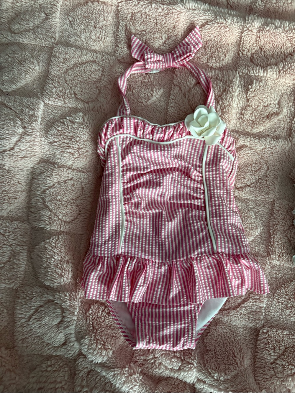 Janie and Jack Pink and White Checker Halter Ruffle One-Piece with Floral Accent
